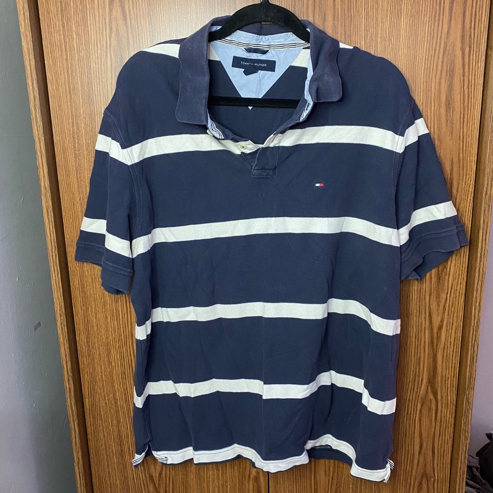 Tommy‎ Hilfiger Polo Shirt Mens XL Navy White Striped Short Sleeve
